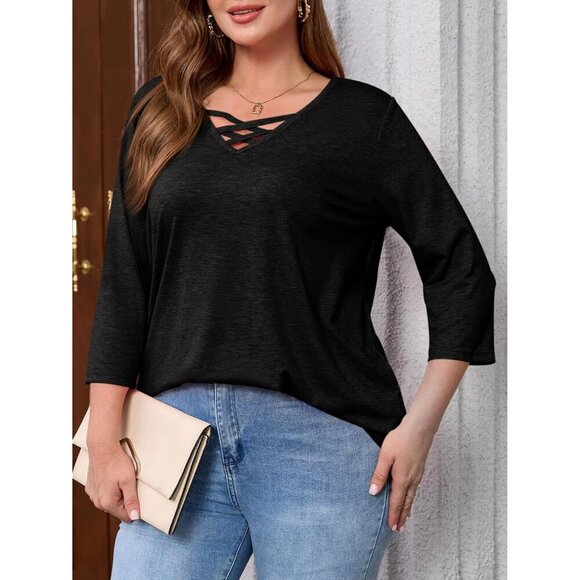 Plus Size Women's V Neck Top 3/4 Sleeve Casual Lightweight Tunic Clothing - Picture 5 of 7